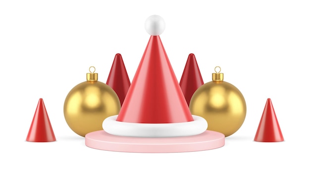 Premium Christmas composition Santa Claus cone hat on podium Xmas ball toy realistic 3d icon vector