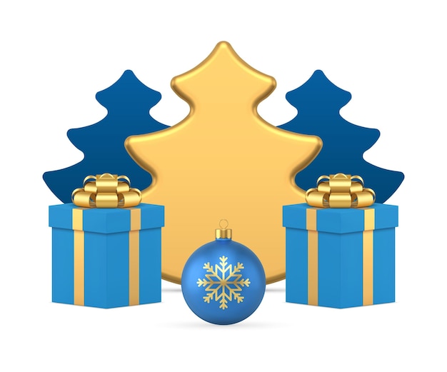 Premium Christmas spruce blue glossy ball toy and wrapped gift box realistic 3d icon vector