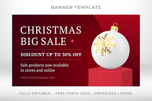 Premium Christmas tree ball toy on pedestal seasonal big sale web banner template 3d icon vector