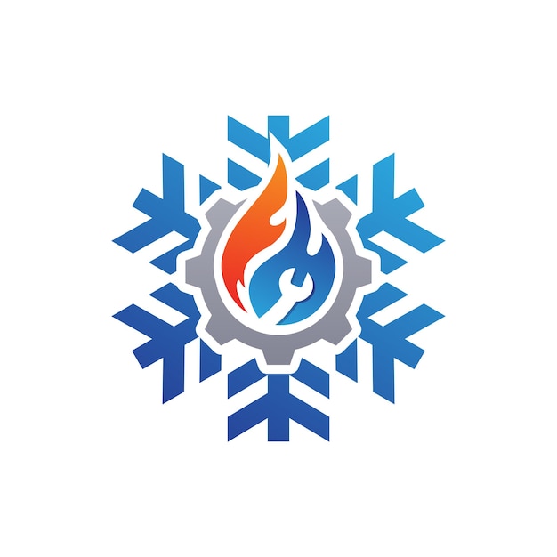 Premium HVAC logo with settings or gear icon. Snowflake, fire, flame, wrench icon