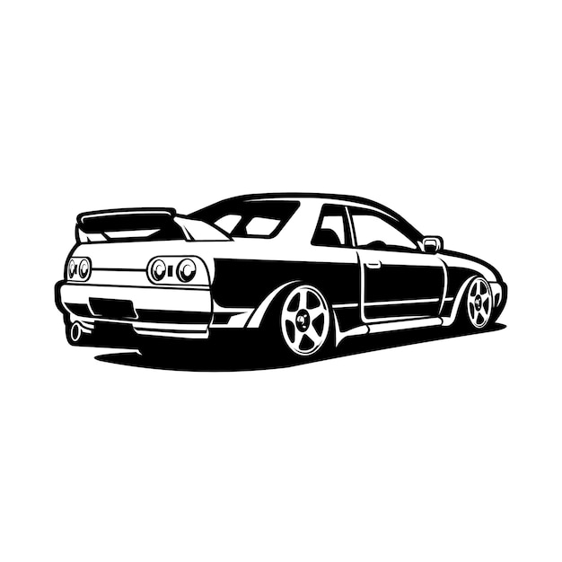 Premium JDM Japanese Sport Car Rear View Monochrome Vector Isolated