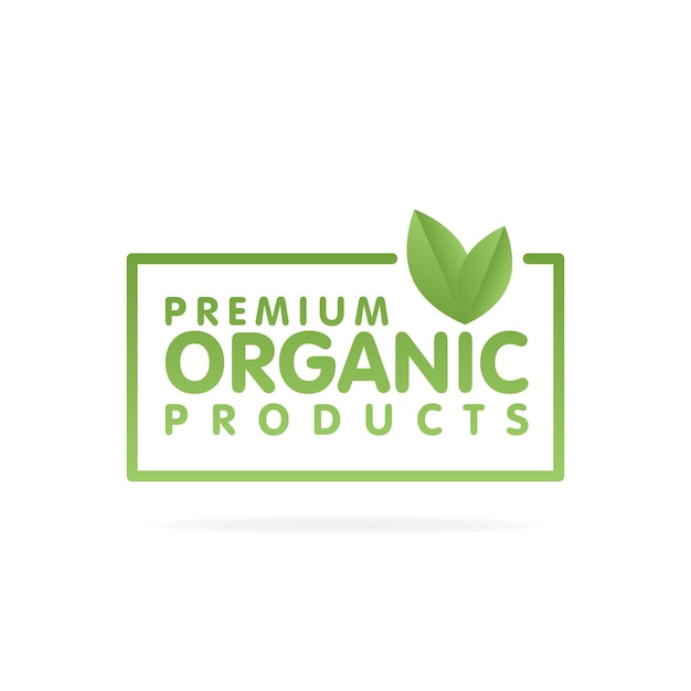 Premium organic products banner. Text and frame with green leaf. Vector illustration.