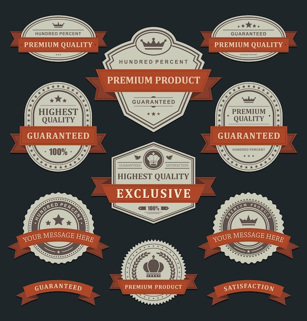 Premium products royal quality   stickers. Faded old paper label in orange twisted ribbon ornament.