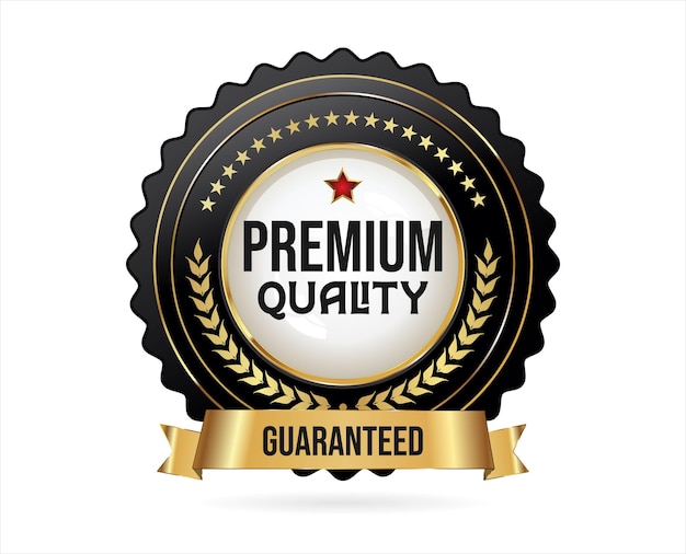 Premium quality badge with gold ribbon on white background