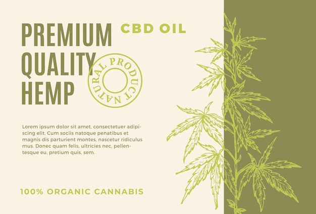 Premium Quality CBD Hemp Oil Abstract Vector Design Label Modern Typography and Hand Drawn Cannabis Plant Branch with Leaves Sketch Silhouette Background Layout