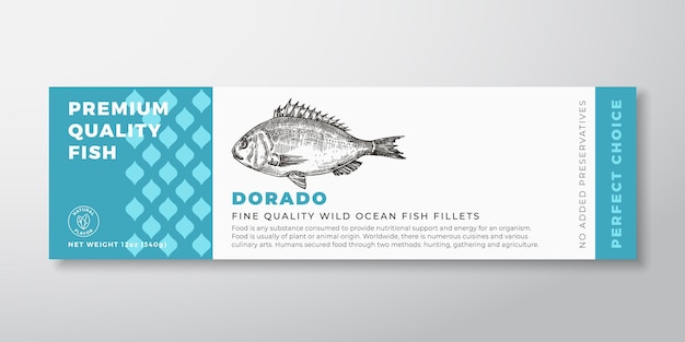 Premium Quality Dorado Vector Packaging Label Design Modern Typography and Hand Drawn Fish Silhouette Seafood Product Background Layout