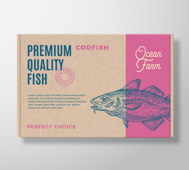 Premium Quality Fish Realistic Cardboard Box Abstract Vector Packaging Design or Label Modern Typography Hand Drawn Codfish Silhouette Craft Paper Background Layout