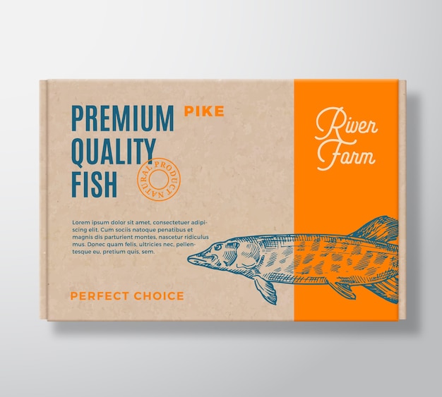 Premium Quality Fish Realistic Cardboard Box. Packaging Mockup