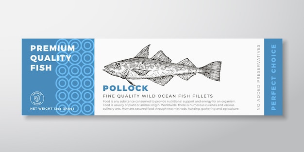 Premium Quality Pollock Vector Packaging Label Design Modern Typography and Hand Drawn Fish Silhouette Seafood Product Background Layout