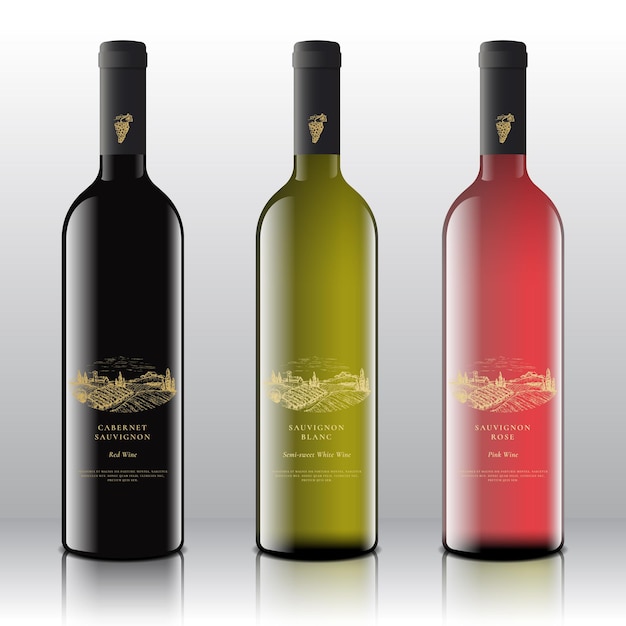 Premium Quality Red, White and Pink Wine Labels Set on the Realistic  Bottles.