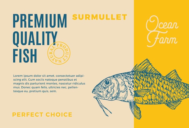 Premium Quality Surmullet Abstract Vector Food Packaging Design or Label Modern Typography and Hand Drawn Fish Sketch Silhouette Background Layout