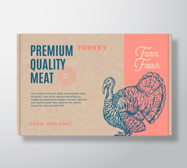 Premium Quality Turkey  Meat Packaging Label  on a Craft Cardboard Box Container.