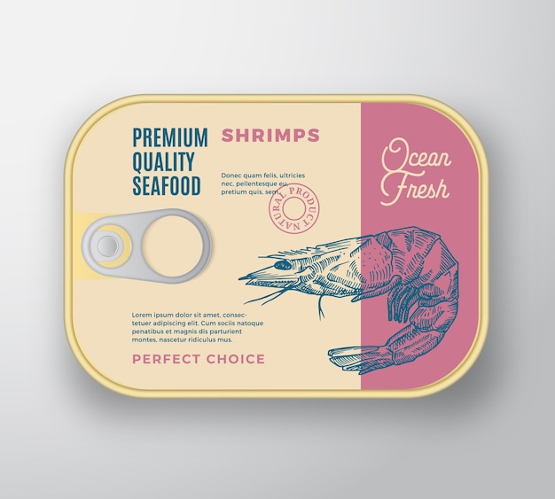 Premium Seafood Aluminium Container with Label Cover. Retro  Canned Packaging .