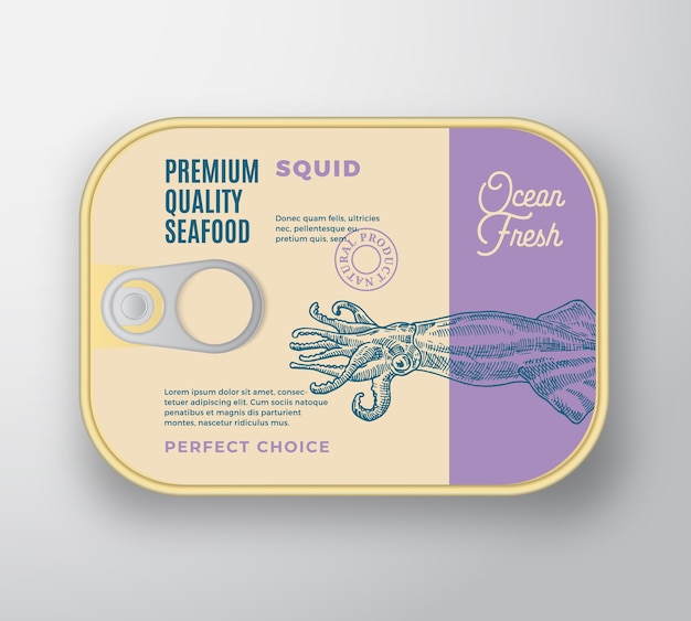 Premium Seafood Aluminium Container with Label Cover. Retro  Canned Packaging .