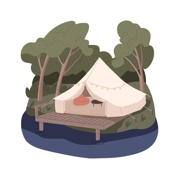 Vector premium tent in nature modern comfortable camping glamping in forest by water remote cosy place outdoor for peaceful relaxation flat vector illustration isolated on white background