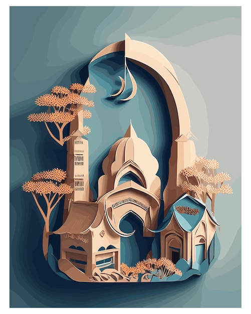 premium vector Paper art style ramadan Islamic Mosque Hilal paper art style AI generated vector