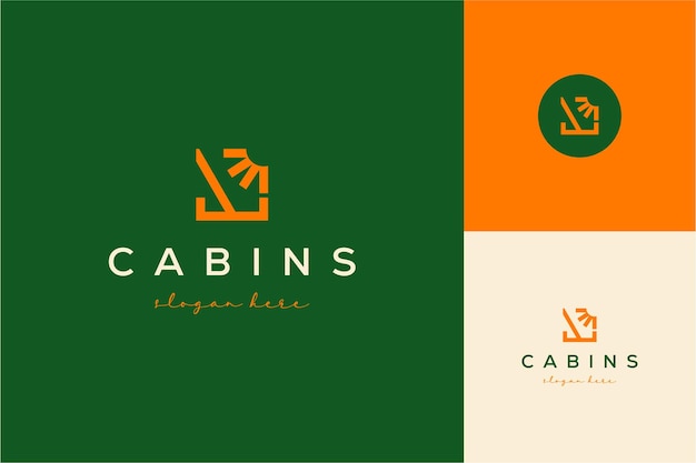 Premium wooden cabin and pine forest mountain line art logo design