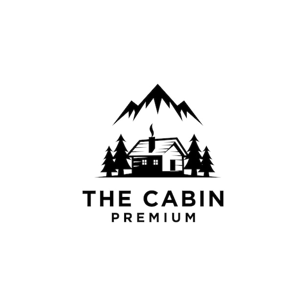 Premium wooden cabin and pine forest mountain retro vector black logo design isolated white background