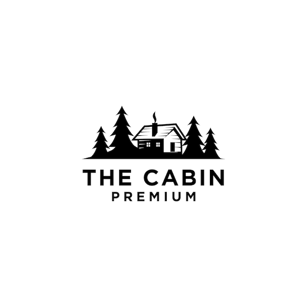 Premium wooden cabin and pine forest retro vector black logo design isolated white background