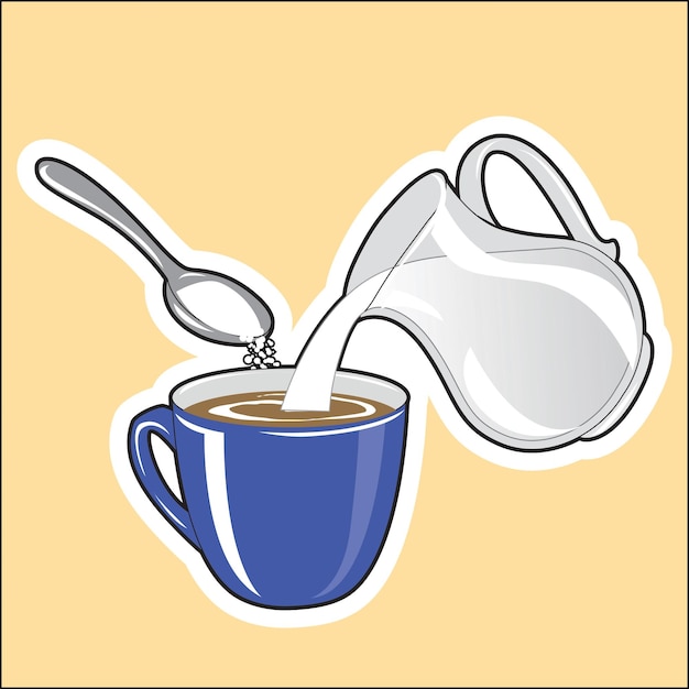 Preparation of coffee with milk and sugar Milk is added to coffee from jug sugar is poured into coffee from spoon