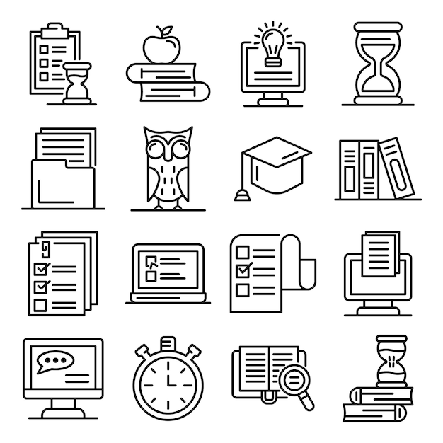 Preparation for exams icons set, outline style