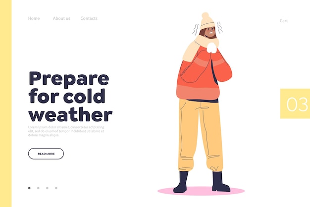 Prepare for cold weather concept of landing page with freezing young woman in warm winter clothes