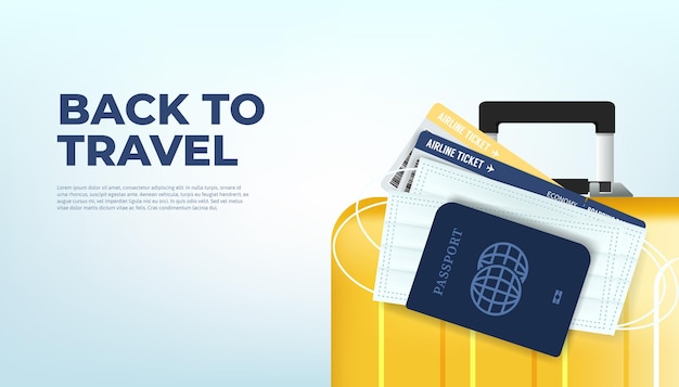 Prepare your luggage, passport, ticket and mask for returning to travel. Ready to travel, Back to travel banner concept.