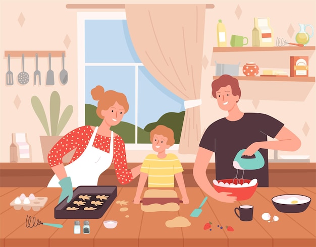 Preparing food on kitchen. Cartoon background with happy family characters making delicious products chef baking vector. Family cooking together, mother father and son illustration