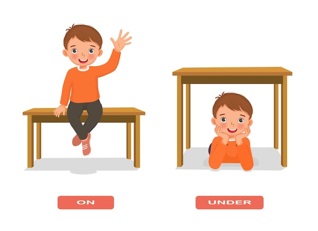 Preposition of place illustration little boy sitting on and under the table