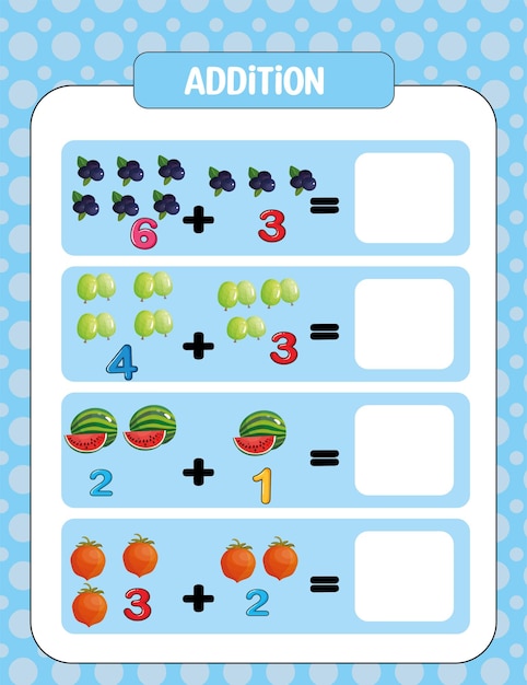 Preschool addition math worksheet template For Kids