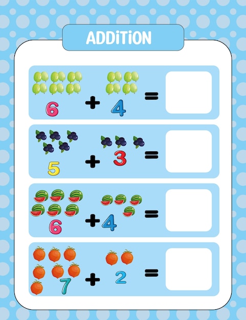 Preschool addition math worksheet template For Kids