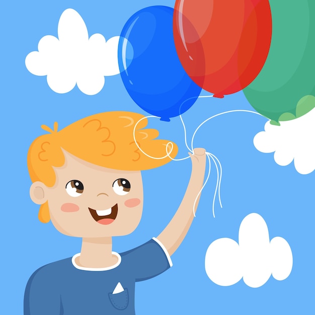 A preschool boy holds three colorful balloons in his hands