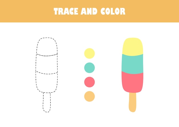 Vector preschool education worksheet trace and color vector illustration coloring page with ice cream