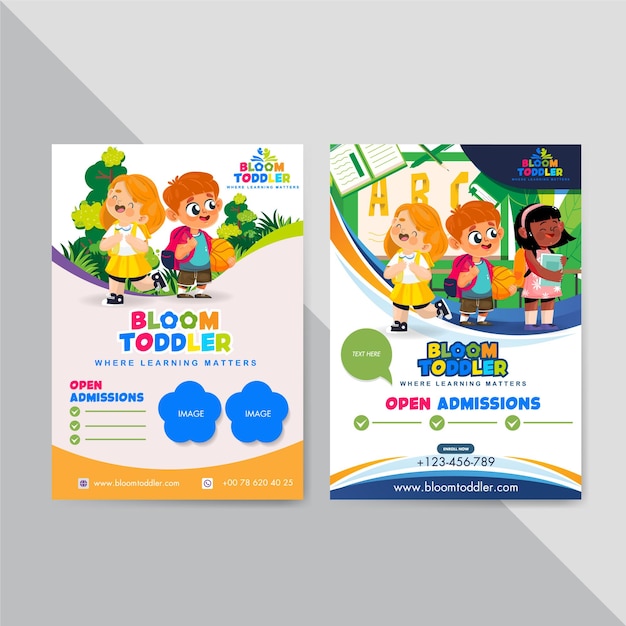 Vector preschool flyer template with cute colorful cartoon design