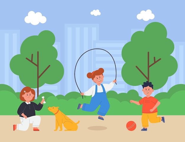 Preschool kids playing in playground of park or garden. Girls jumping rope and training dog, boy hitting ball flat vector illustration. Kindergarden, fun activity of children, summer camp concept