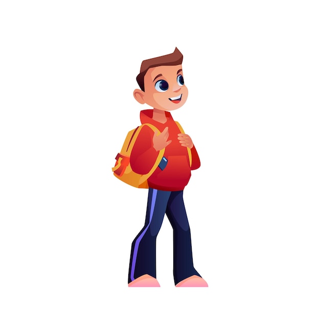 Preschooler pupil or boy with backpack or rucksack isolated cartoon character vector walking kid