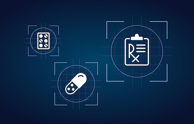 Prescribing medications concept design template with white glyph icons