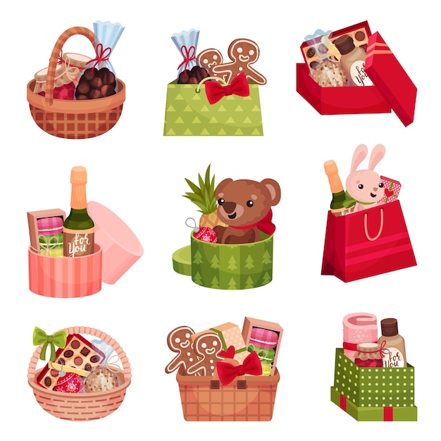 Present Baskets and Carton Boxes Full of Gifts Vector Set