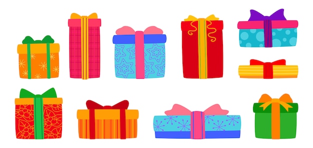 Present box christmas flat set. Cartoon boxes different shapes with ribbon bows. Holiday cute traditional colorful and ornate gifts. New Year design collection, colorful patterns. illustration