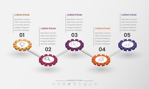 Presentation Business Infographic Diagram Template With Five Options And 3D Cogwheel On White Background