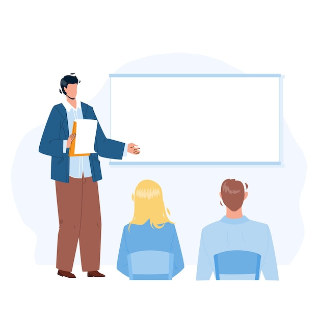 Presentation Company Strategy Speak Worker Vector. Businessman Giving Presentation For Colleagues In Conference Room. Characters Ceo And Employees Business Meeting Flat Cartoon Illustration