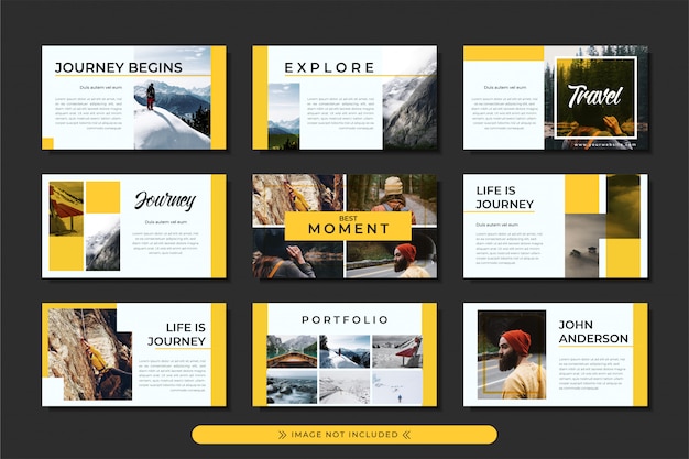 Presentation travel and adventure powerpoint template with yellow stripe motive, for business and travel agency.