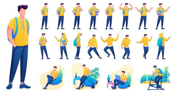 Presentation in various poses and actions character. Young Men. 2D Flat character vector illustration N2.