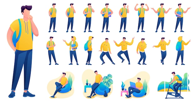 Presentation in various poses and actions character. Young Men. 2D Flat character vector illustration N3.