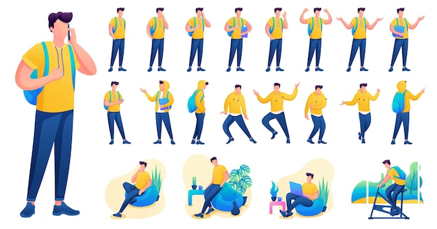 Presentation in various poses and actions character. Young Men. 2D Flat character vector illustration N5.