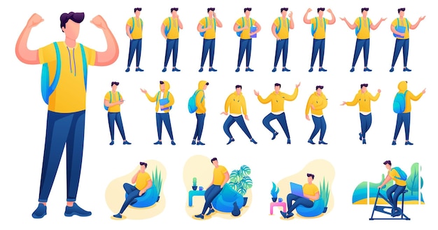 Presentation in various poses and actions character. Young Men. 2D Flat character vector illustration N8.