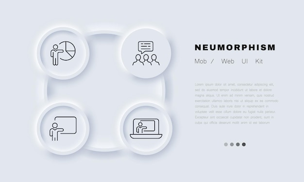 Presentation at work set icon Speech bubble communication pie chart screen flipchart employee online conference Business concept Neomorphism Vector line icon for Business and Advertising