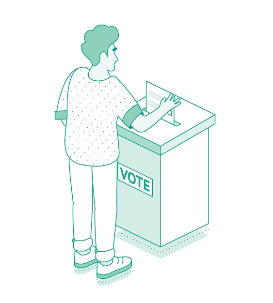 Presidential election banner Young man drops a ballot into a ballot box at a polling station Isometric outline concept Male voter placing ballot in ballot box