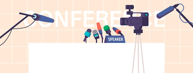 Vector press conference studio interior empty room with tribune camera and microphones media industry briefing politics event conceptual background cartoon vector illustration