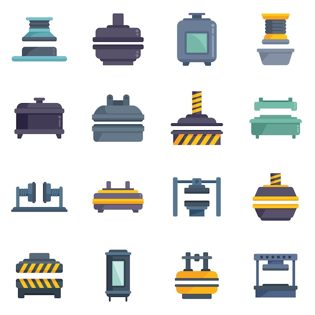 Press form machines icons set flat vector Formation manufacturing